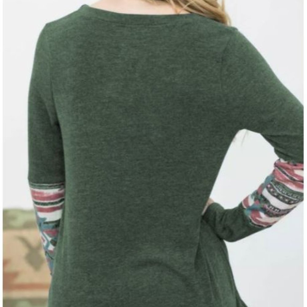 Green Aztec Patchwotk Long Sleeve Top - Picture 2 of 4